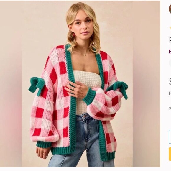 BiBi Checkered Plaid Bow Red and Green Chunky Cardigan Holiday Christmas NEW - Picture 3 of 3
